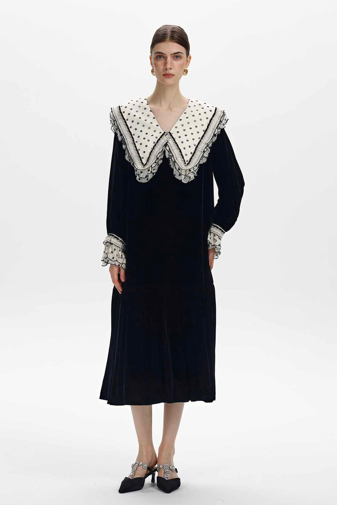Victoire Ruffled Polka Dot Velvet Dress