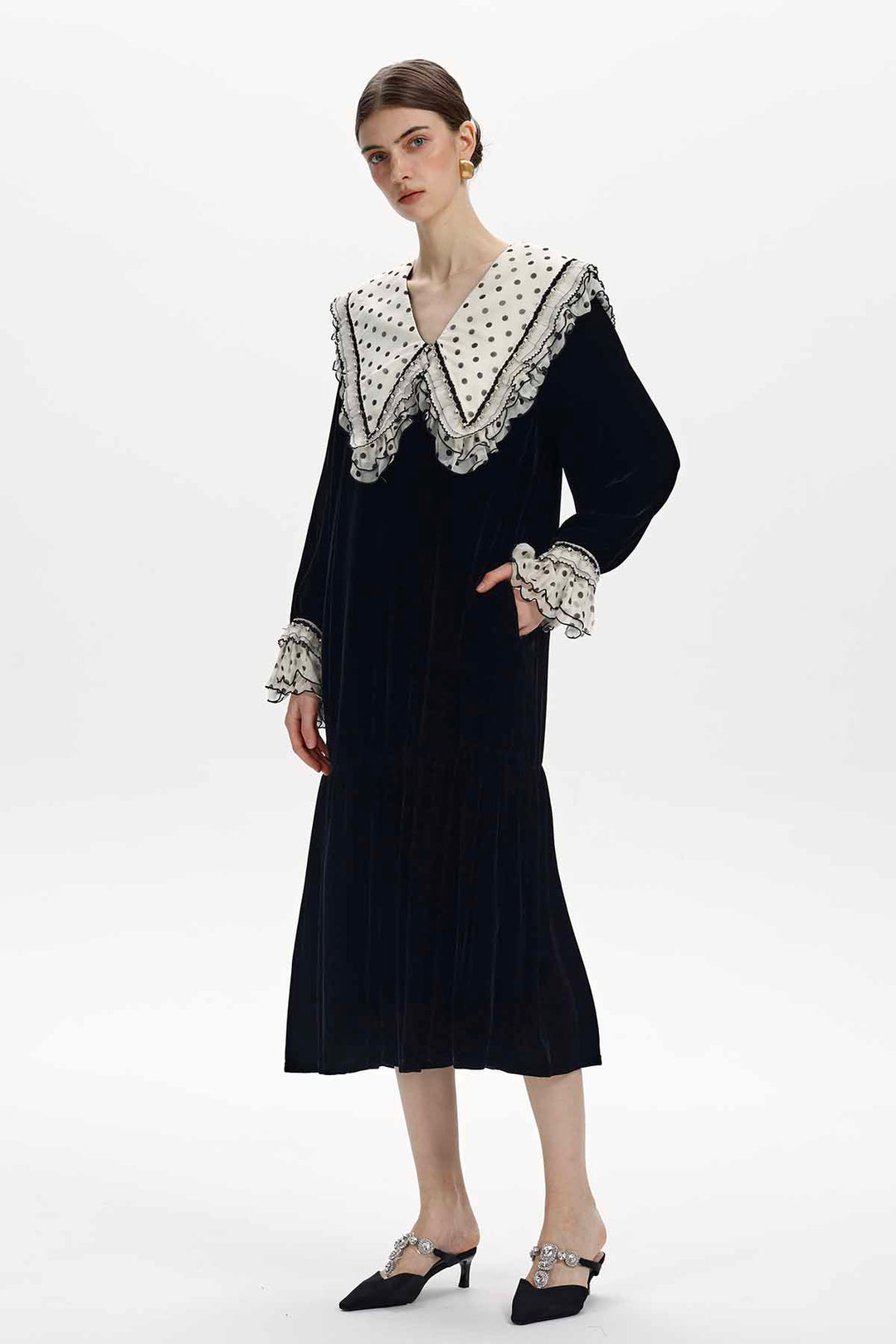 Victoire Ruffled Polka Dot Velvet Dress