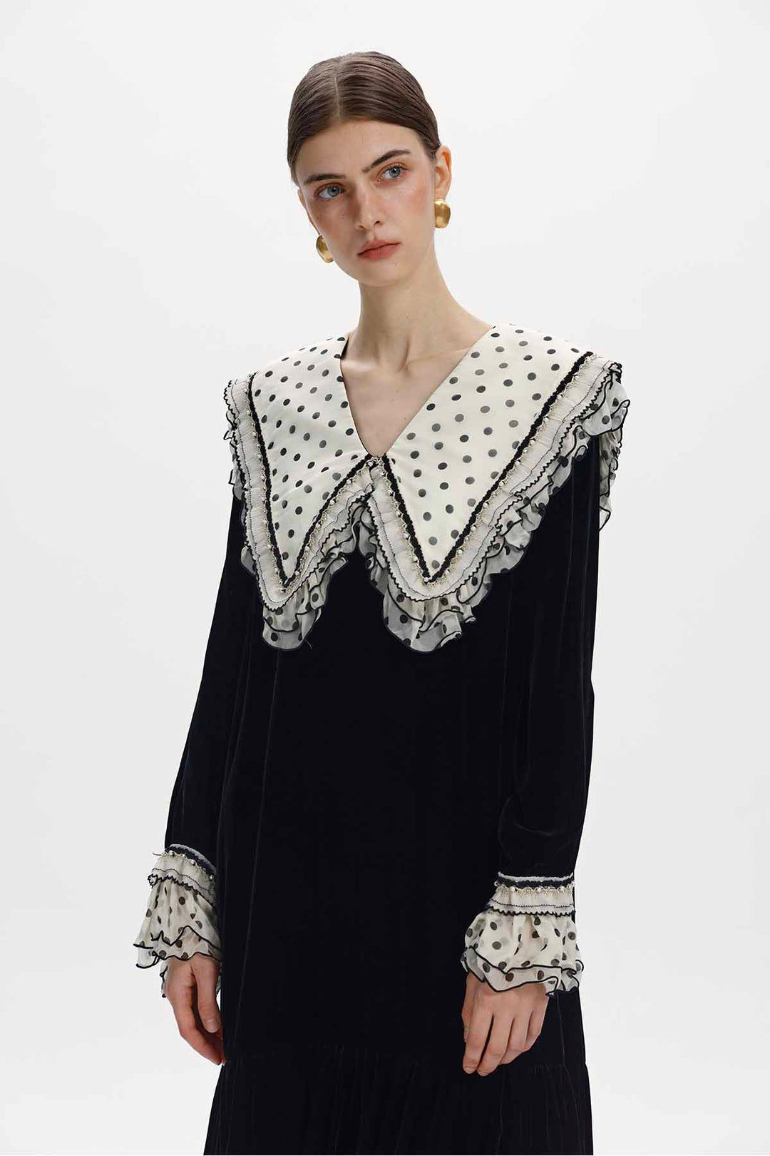 Victoire Ruffled Polka Dot Velvet Dress