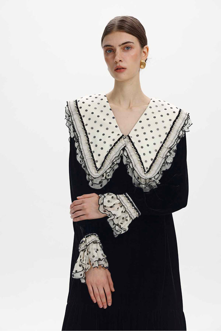 Victoire Ruffled Polka Dot Velvet Dress