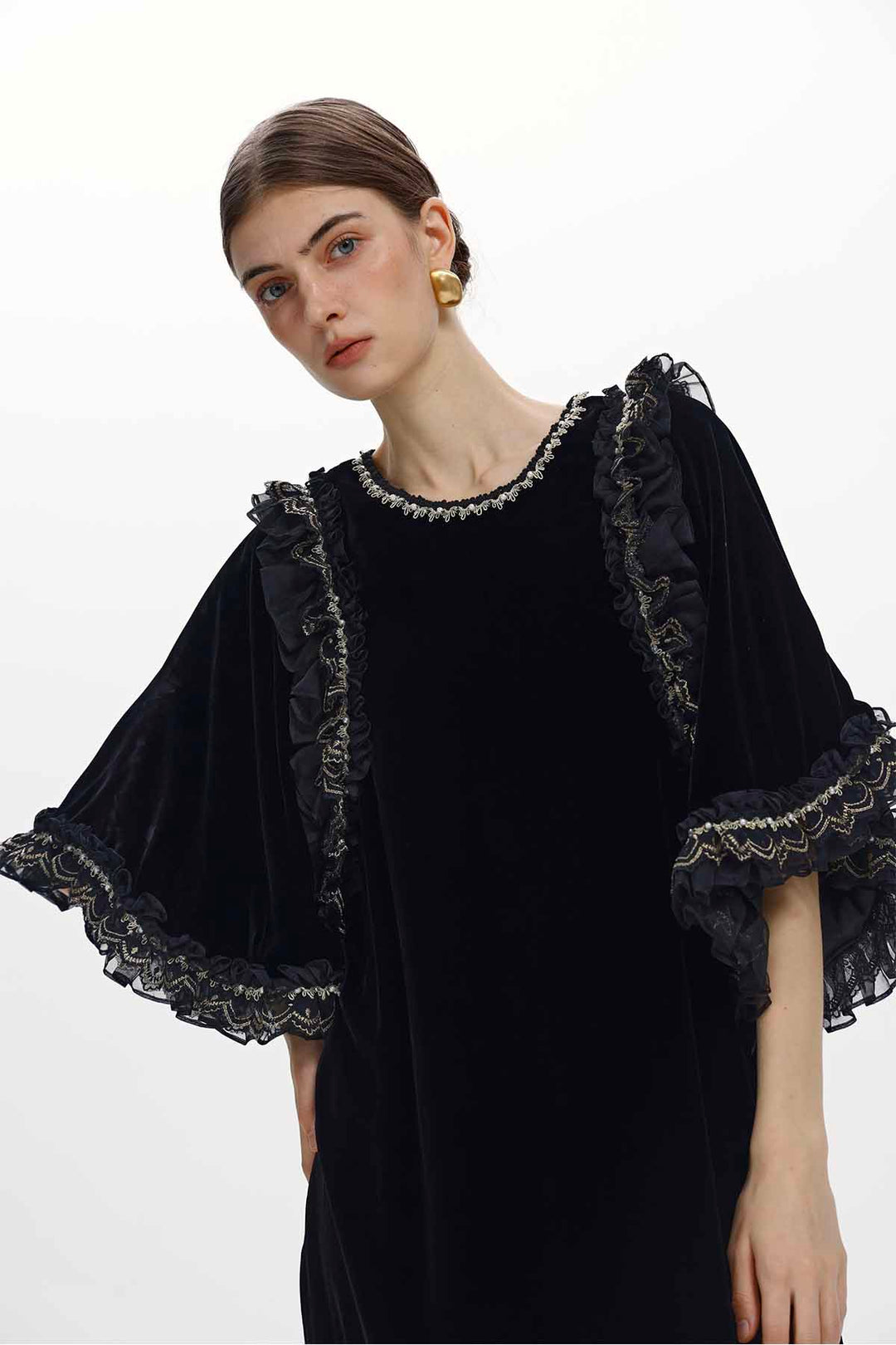 Ninon Embellished Ruffled Velvet Dress