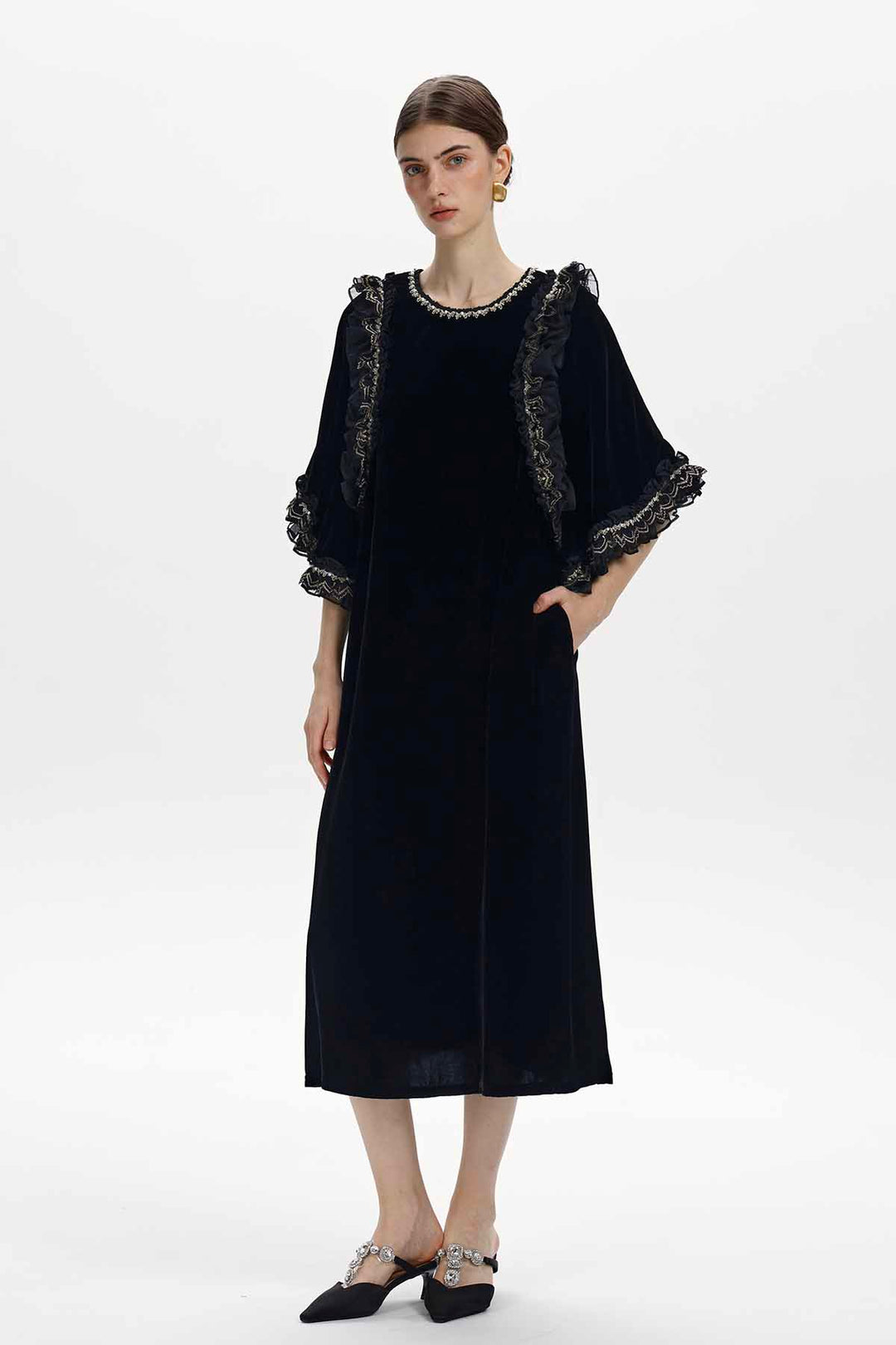 Ninon Embellished Ruffled Velvet Dress