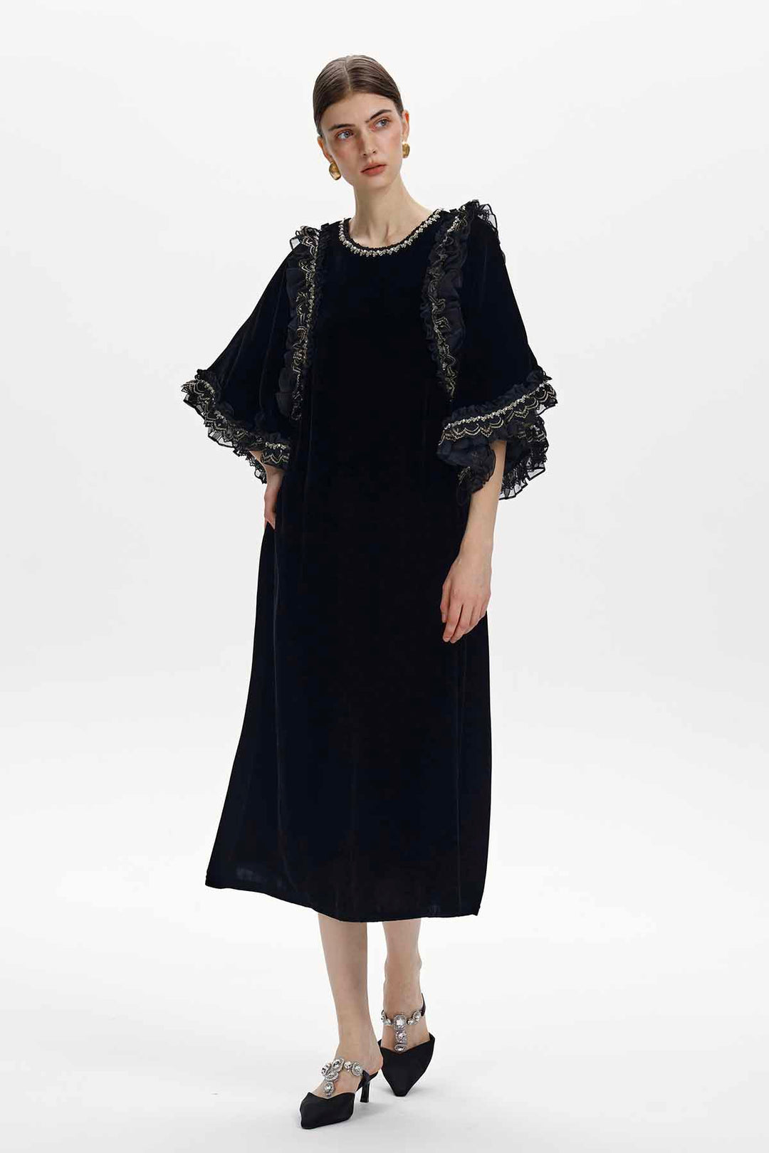 Ninon Embellished Ruffled Velvet Dress