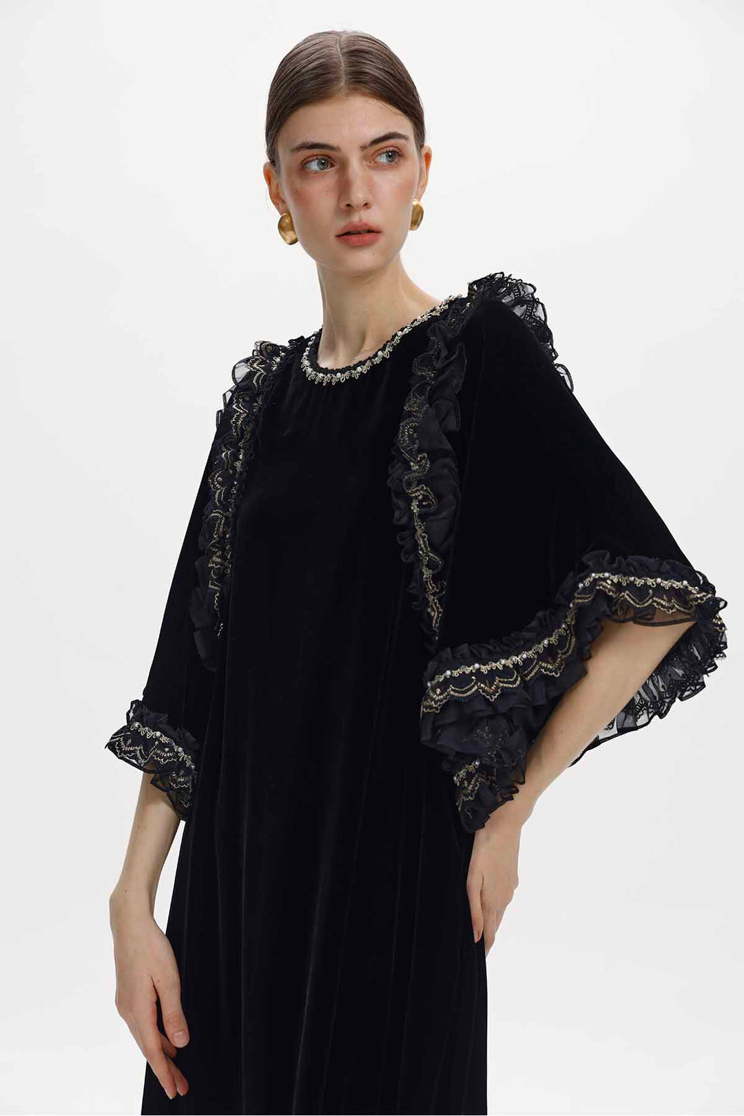 Ninon Embellished Ruffled Velvet Dress