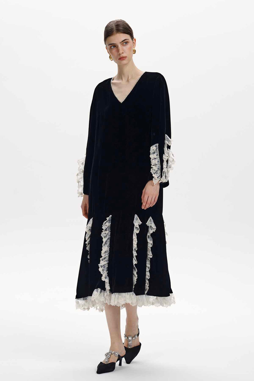 Florine Lace-Trimmed Velvet Dress