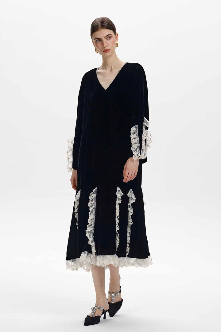 Florine Lace-Trimmed Velvet Dress