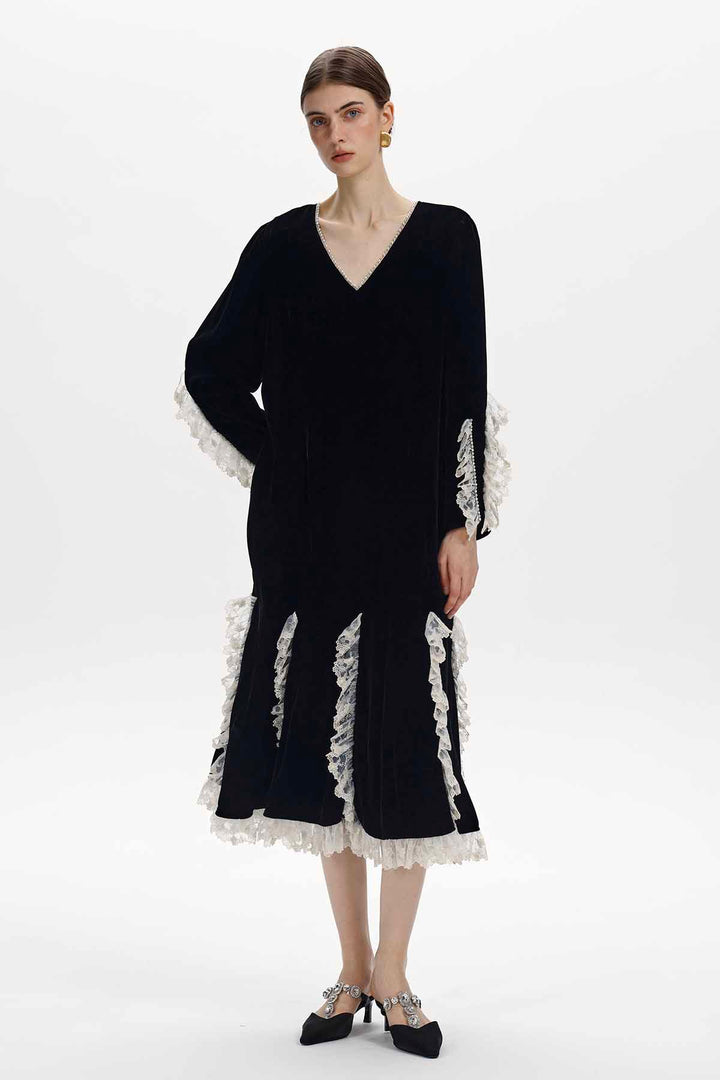 Florine Lace-Trimmed Velvet Dress