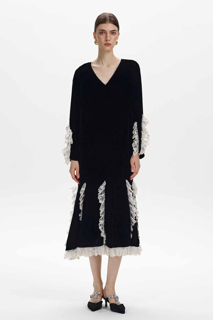 Florine Lace-Trimmed Velvet Dress