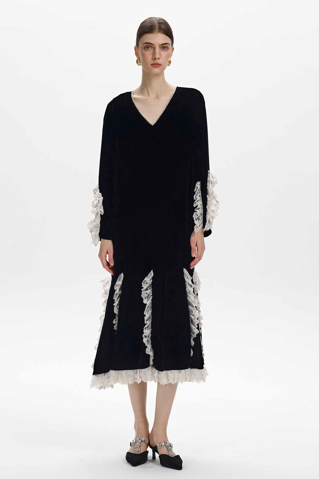 Florine Lace-Trimmed Velvet Dress
