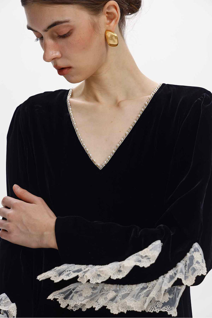 Florine Lace-Trimmed Velvet Dress
