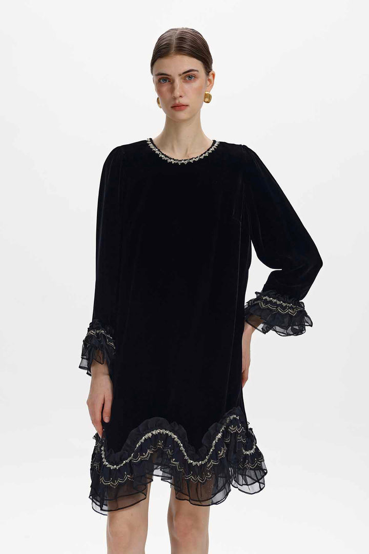 Ninon Scalloped Ruffle Velvet Dress