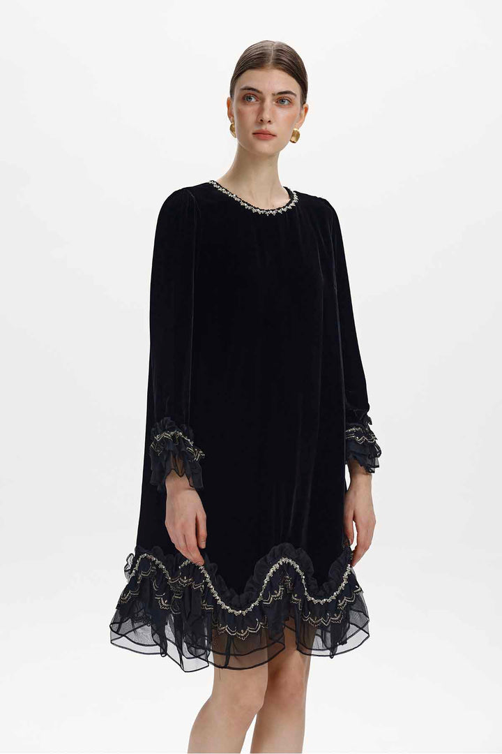 Ninon Scalloped Ruffle Velvet Dress