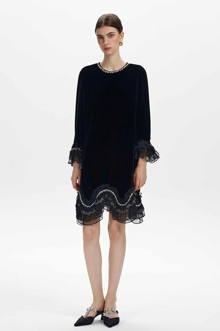 Ninon Scalloped Ruffle Velvet Dress