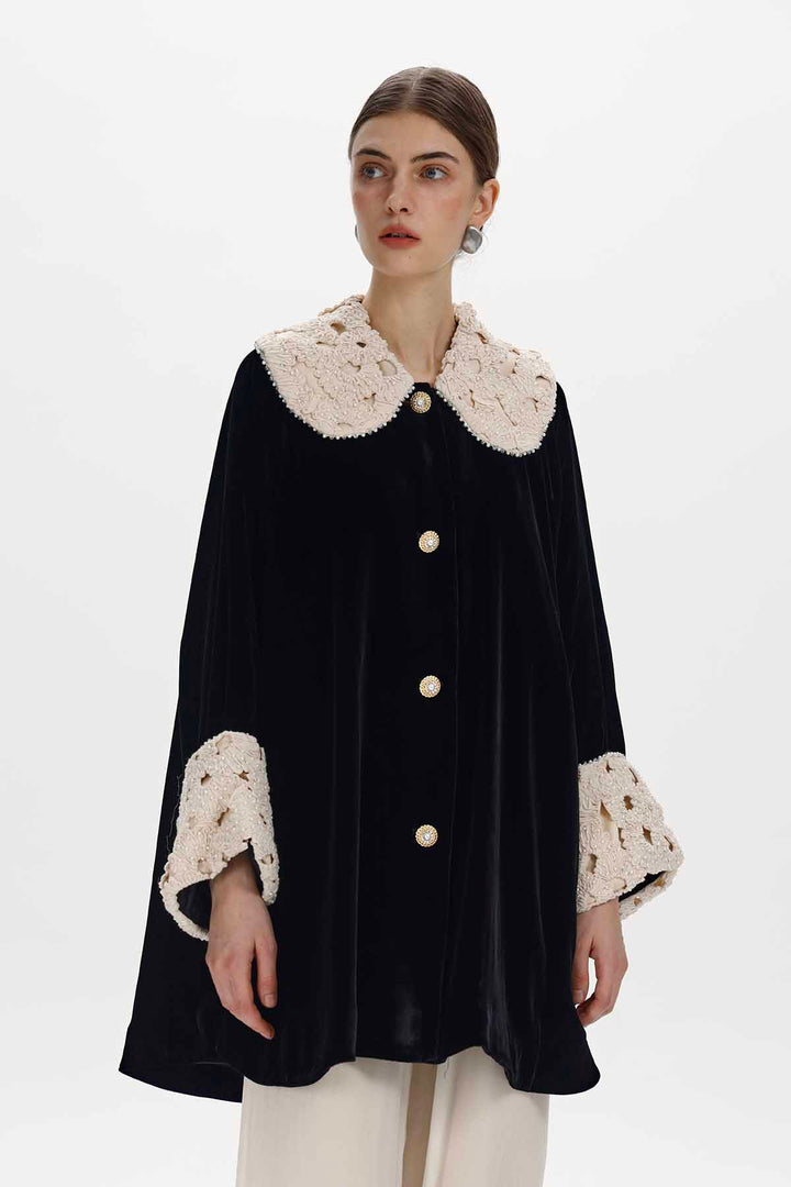 Meliora Vintage Lace-Detail Velvet Coat
