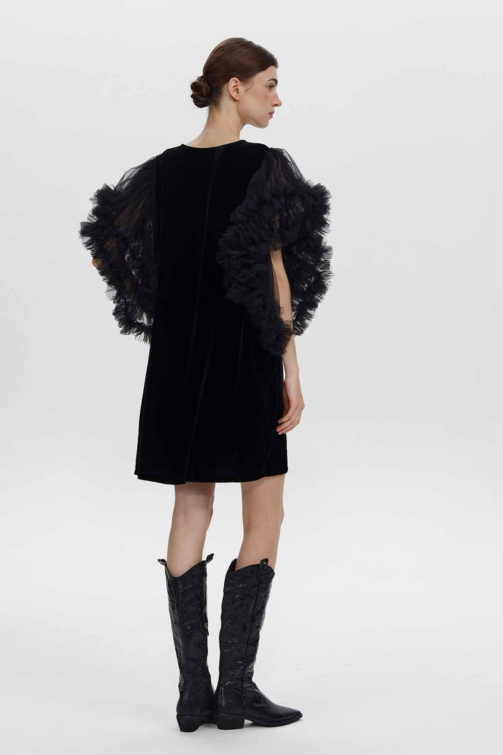 Mini-robe en velours à manches en tulle à volants Violetta