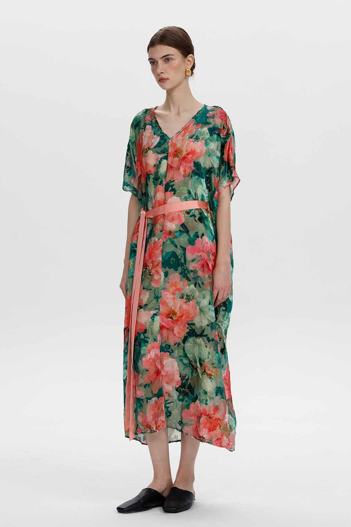 Melisande florales Ausbrenner-Samtkleid mit Gürtel