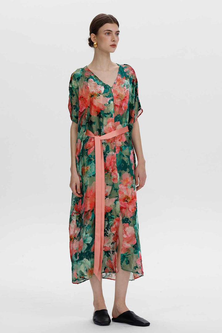 Melisande florales Ausbrenner-Samtkleid mit Gürtel