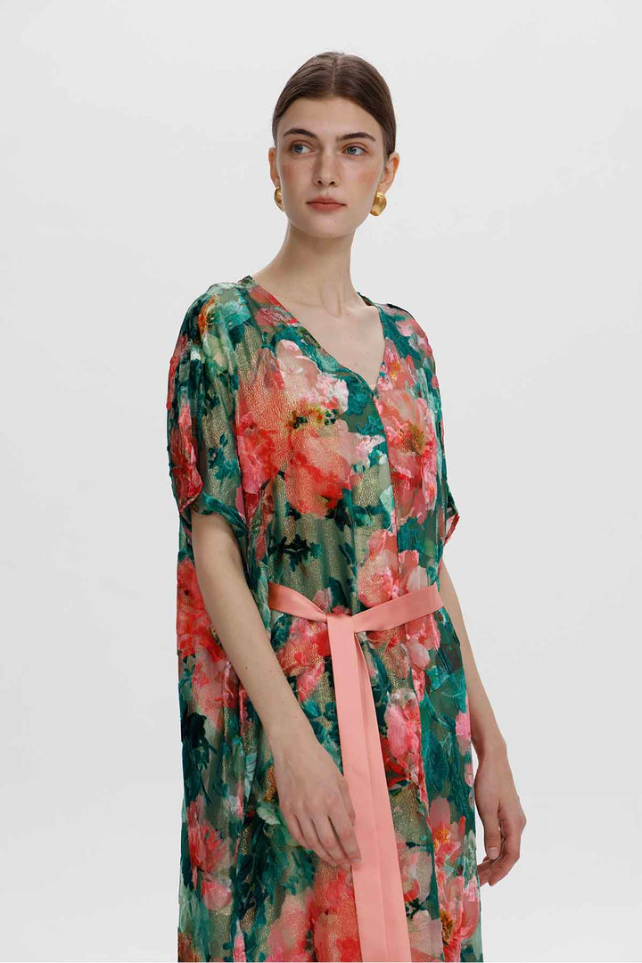 Melisande florales Ausbrenner-Samtkleid mit Gürtel
