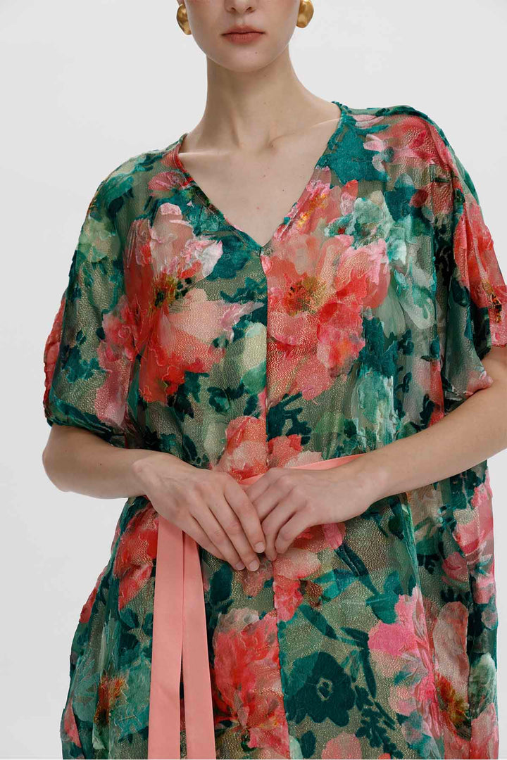 Melisande florales Ausbrenner-Samtkleid mit Gürtel