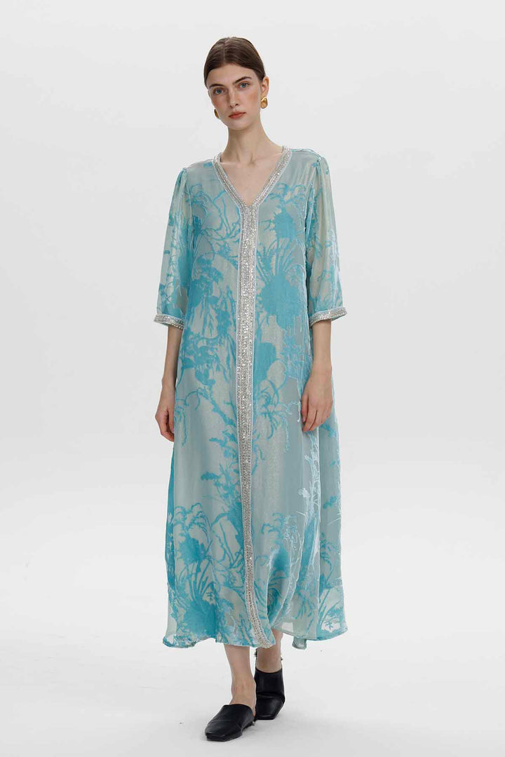 Robe longue en velours fleuri ornée Zinnia