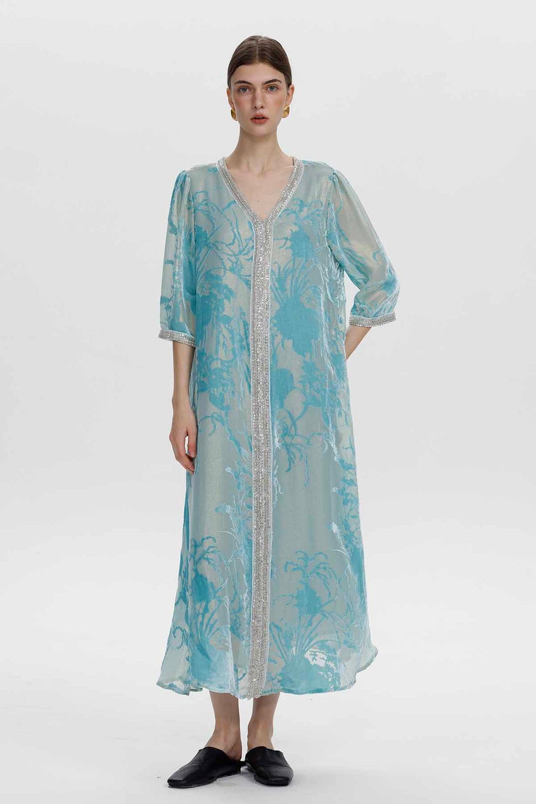 Robe longue en velours fleuri ornée Zinnia