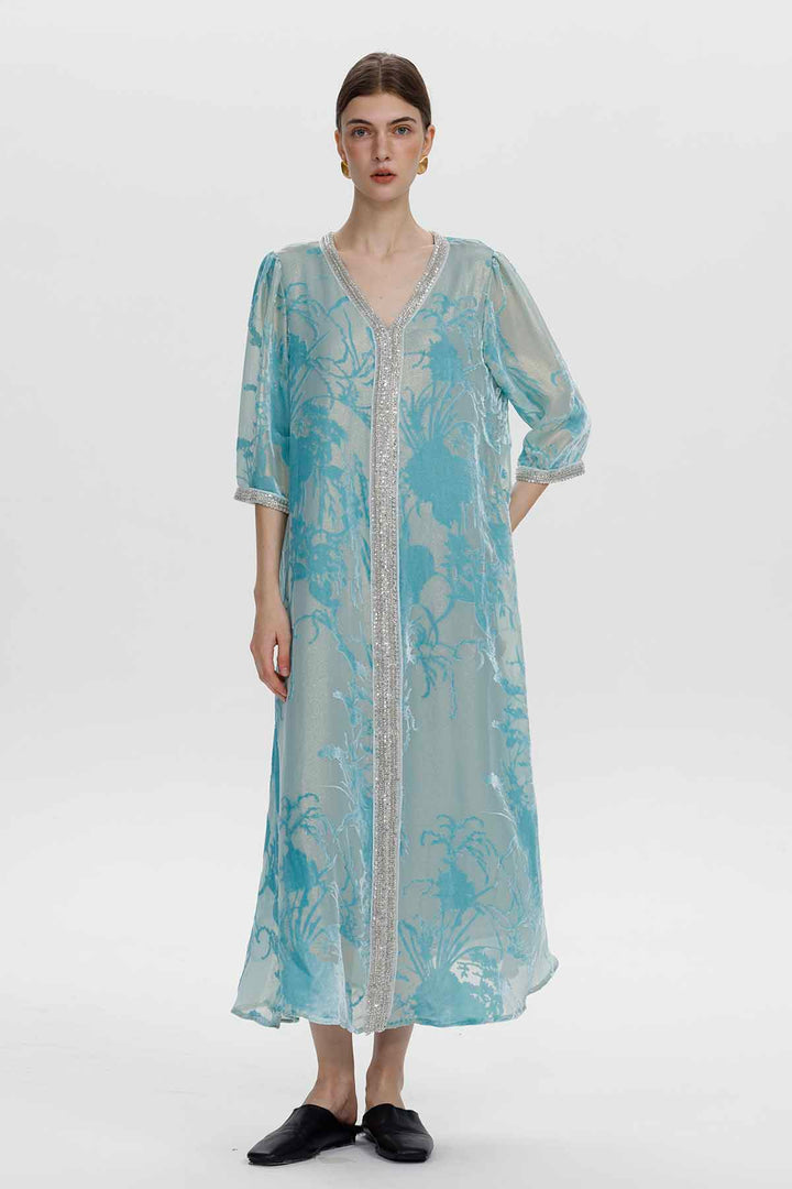 Robe longue en velours fleuri ornée Zinnia