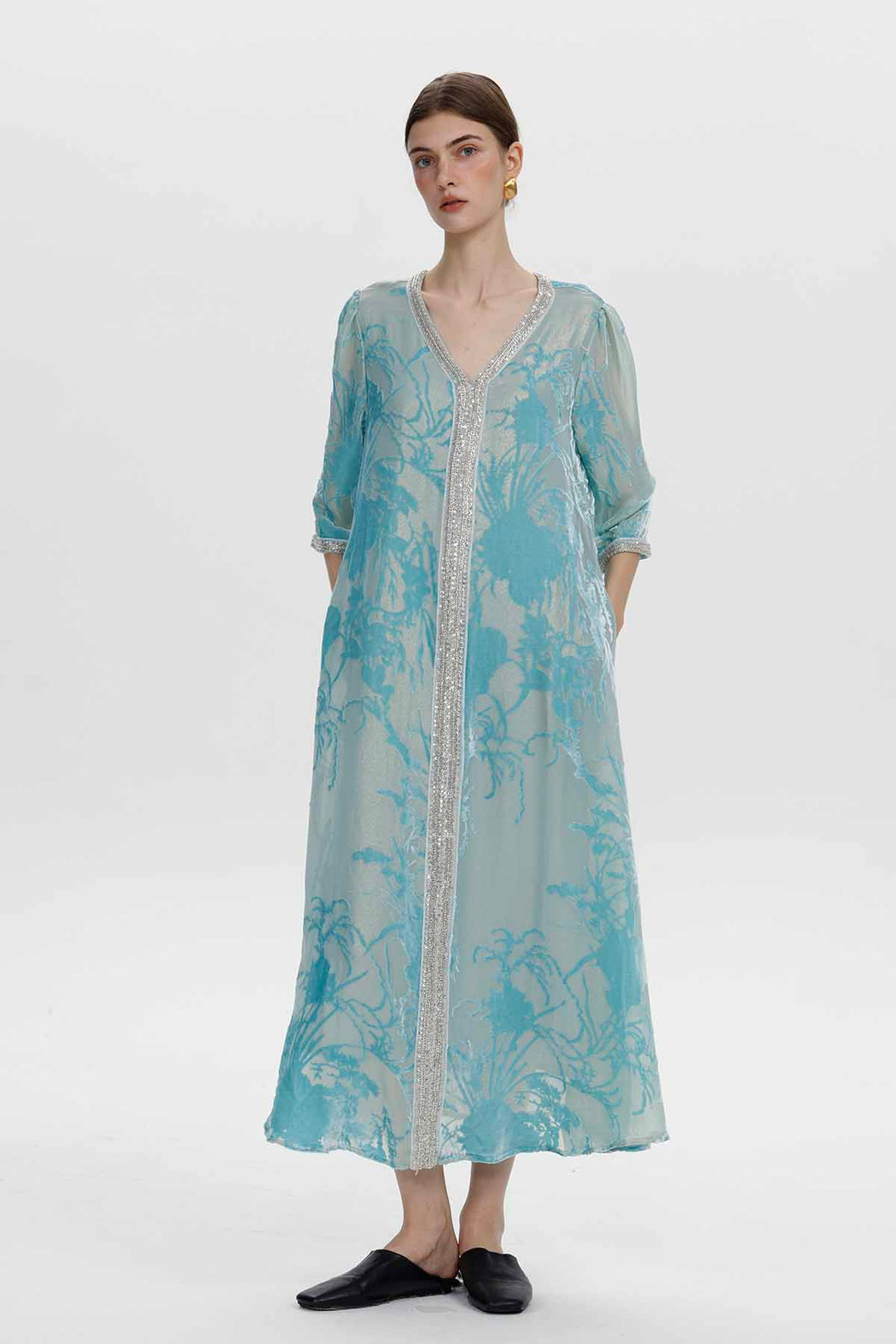 Robe longue en velours fleuri ornée Zinnia