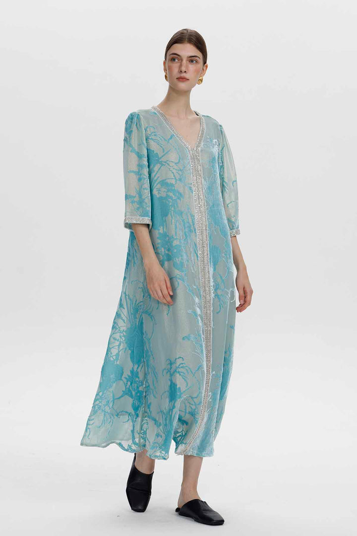 Robe longue en velours fleuri ornée Zinnia