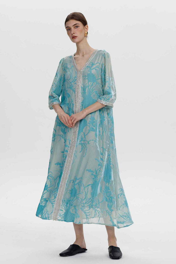 Robe longue en velours fleuri ornée Zinnia
