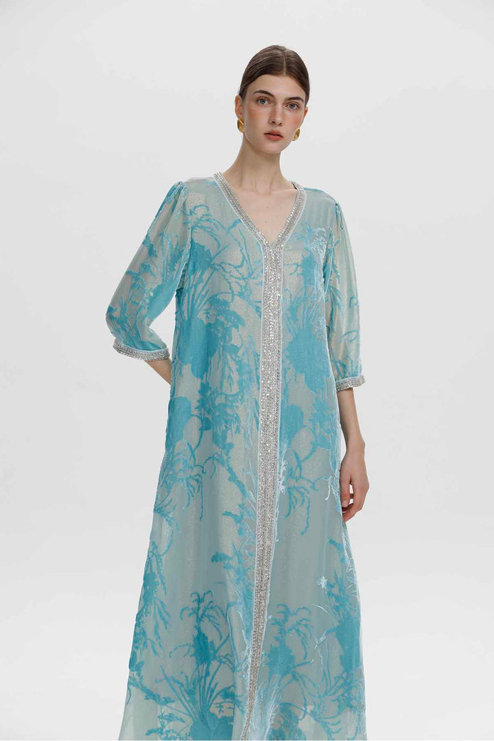 Robe longue en velours fleuri ornée Zinnia