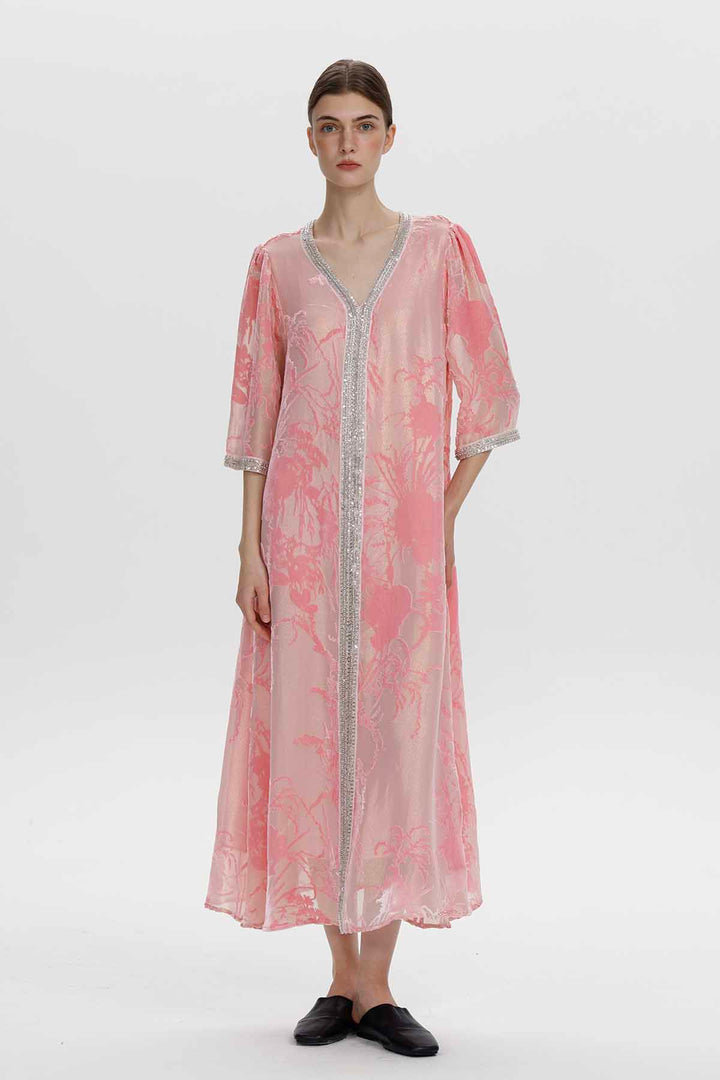 Robe longue en velours fleuri ornée Zinnia