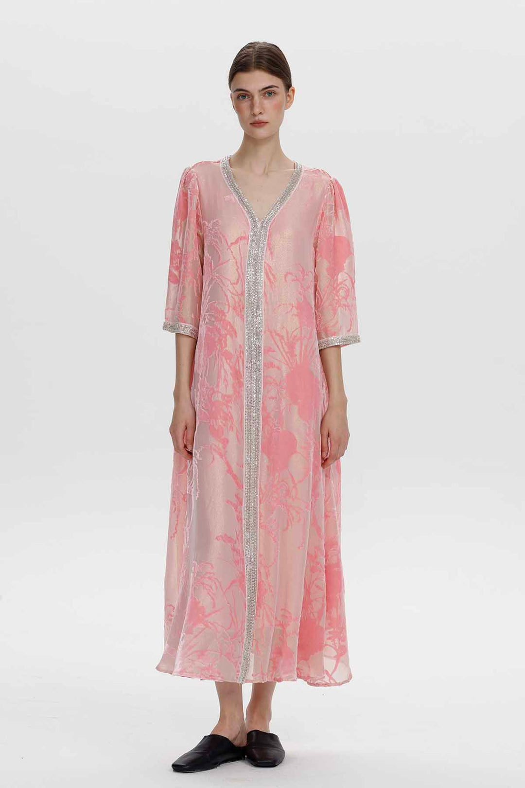 Robe longue en velours fleuri ornée Zinnia