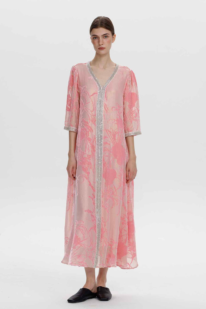 Robe longue en velours fleuri ornée Zinnia