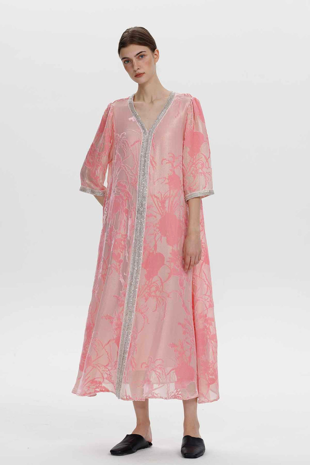 Robe longue en velours fleuri ornée Zinnia