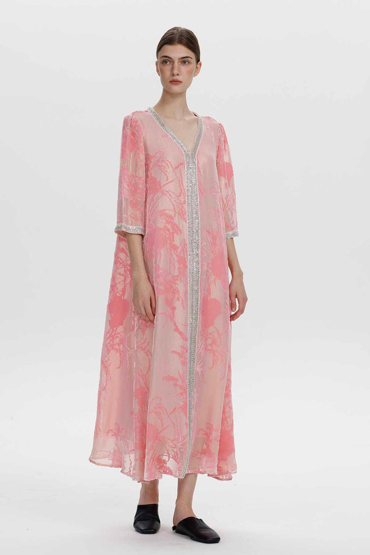 Robe longue en velours fleuri ornée Zinnia