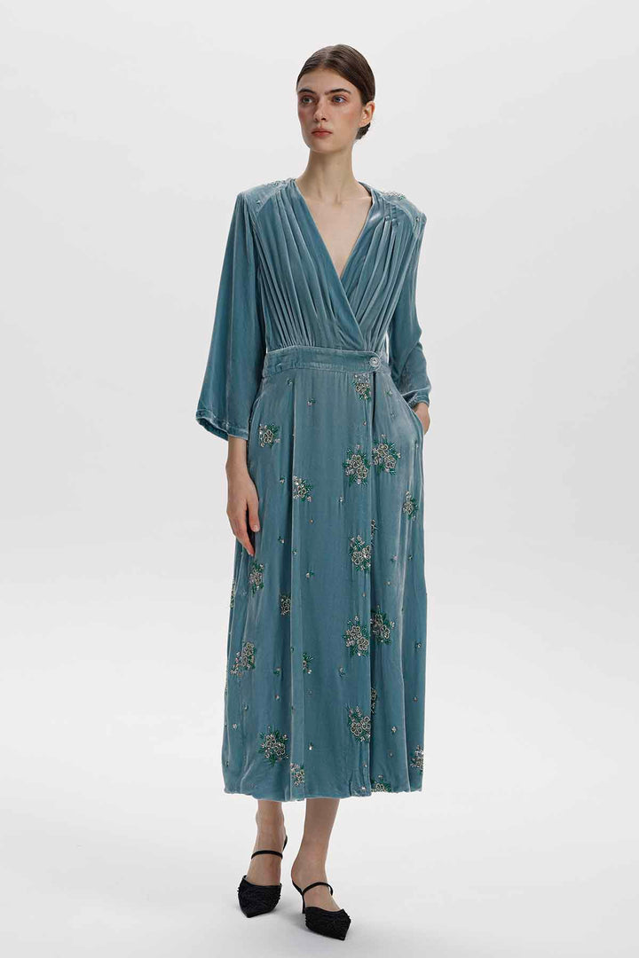 Alma Beaded Floral Silk Velvet Dress