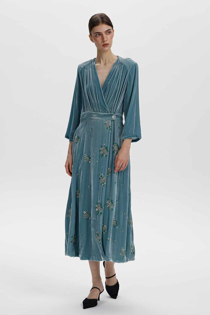Alma Beaded Floral Silk Velvet Dress
