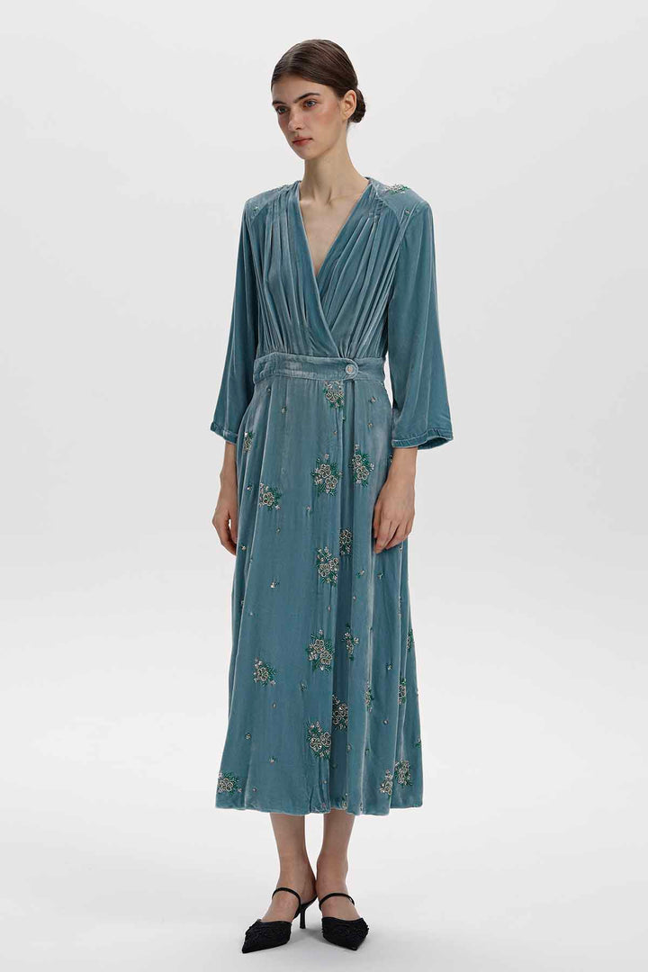 Alma Beaded Floral Silk Velvet Dress