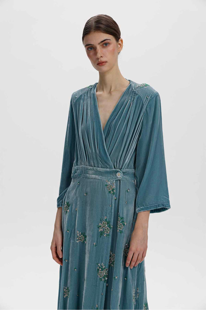 Alma Beaded Floral Silk Velvet Dress
