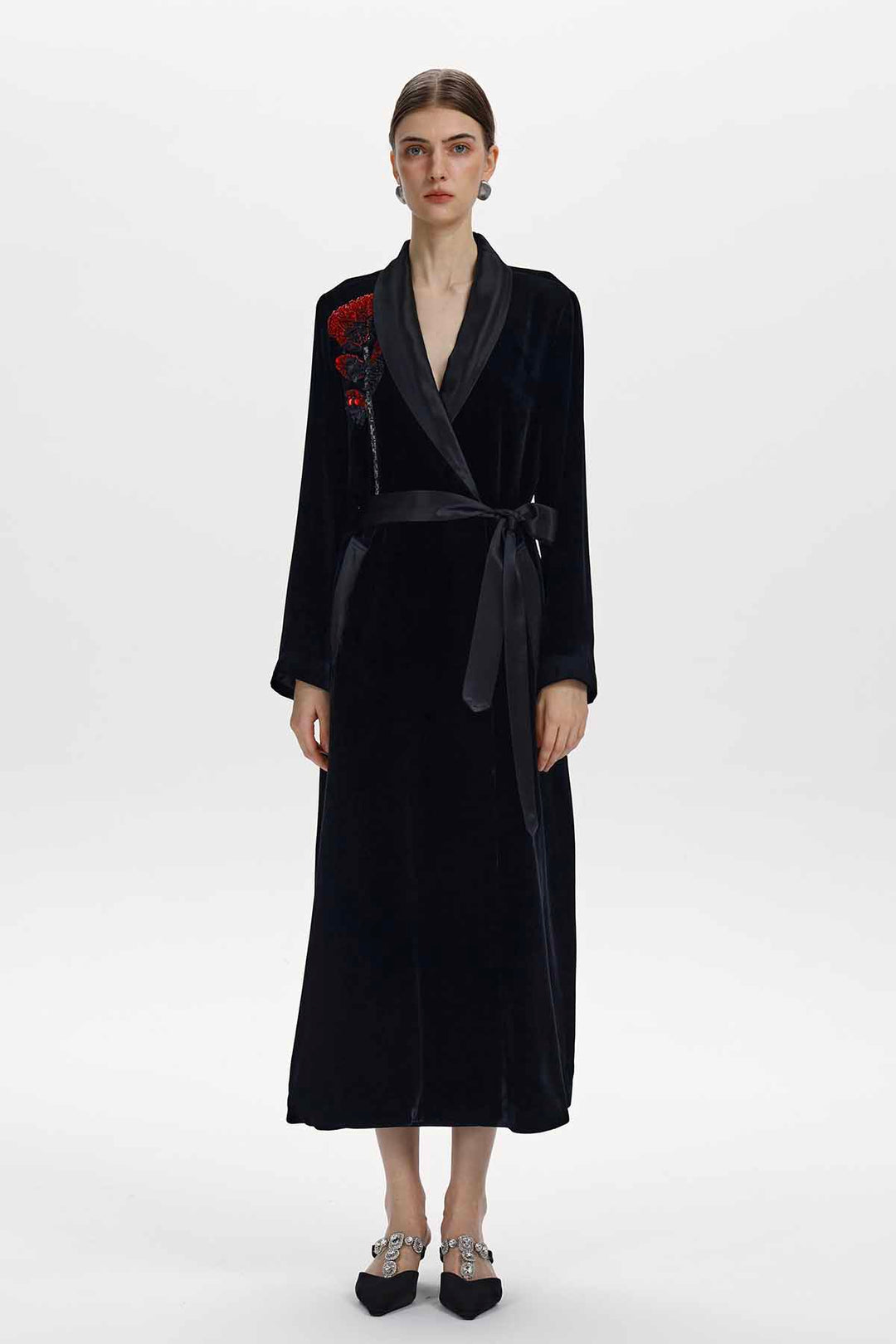 Aster Floral Beaded Silk Velvet Wrap Coat