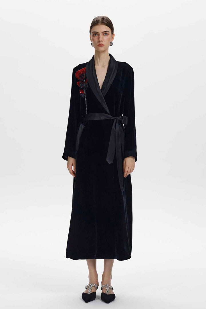 Aster Floral Beaded Silk Velvet Wrap Coat