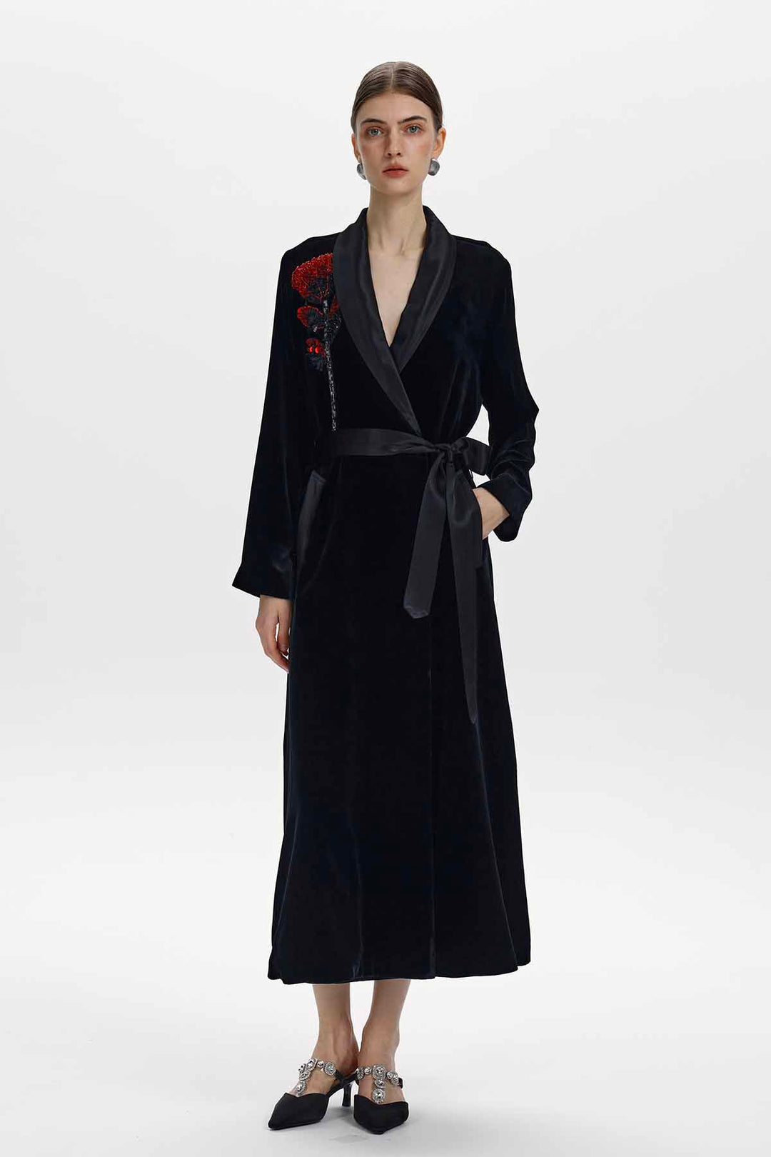 Aster Floral Beaded Silk Velvet Wrap Coat