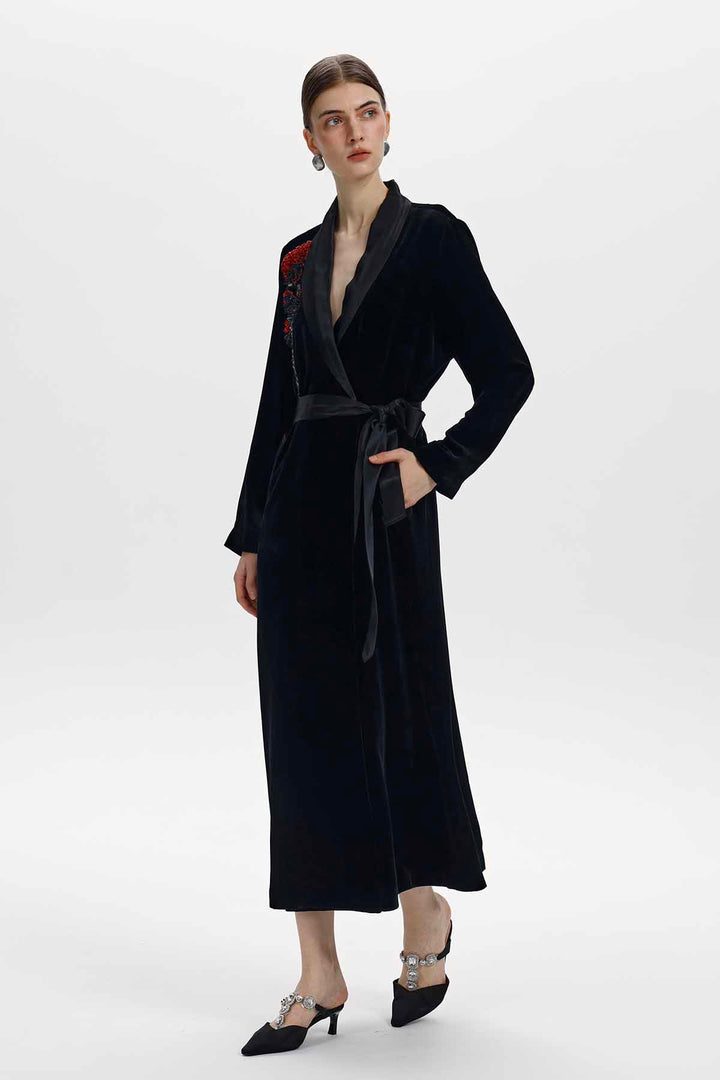 Aster Floral Beaded Silk Velvet Wrap Coat