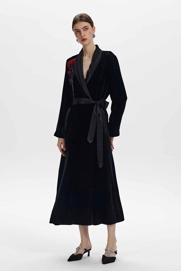 Aster Floral Beaded Silk Velvet Wrap Coat