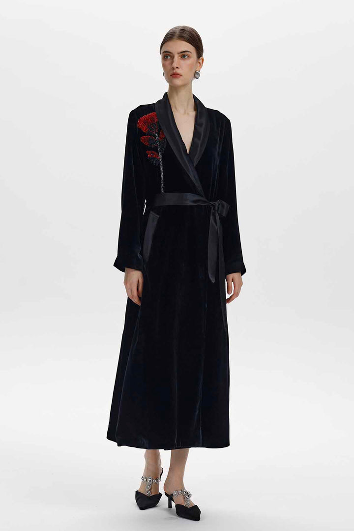 Aster Floral Beaded Silk Velvet Wrap Coat