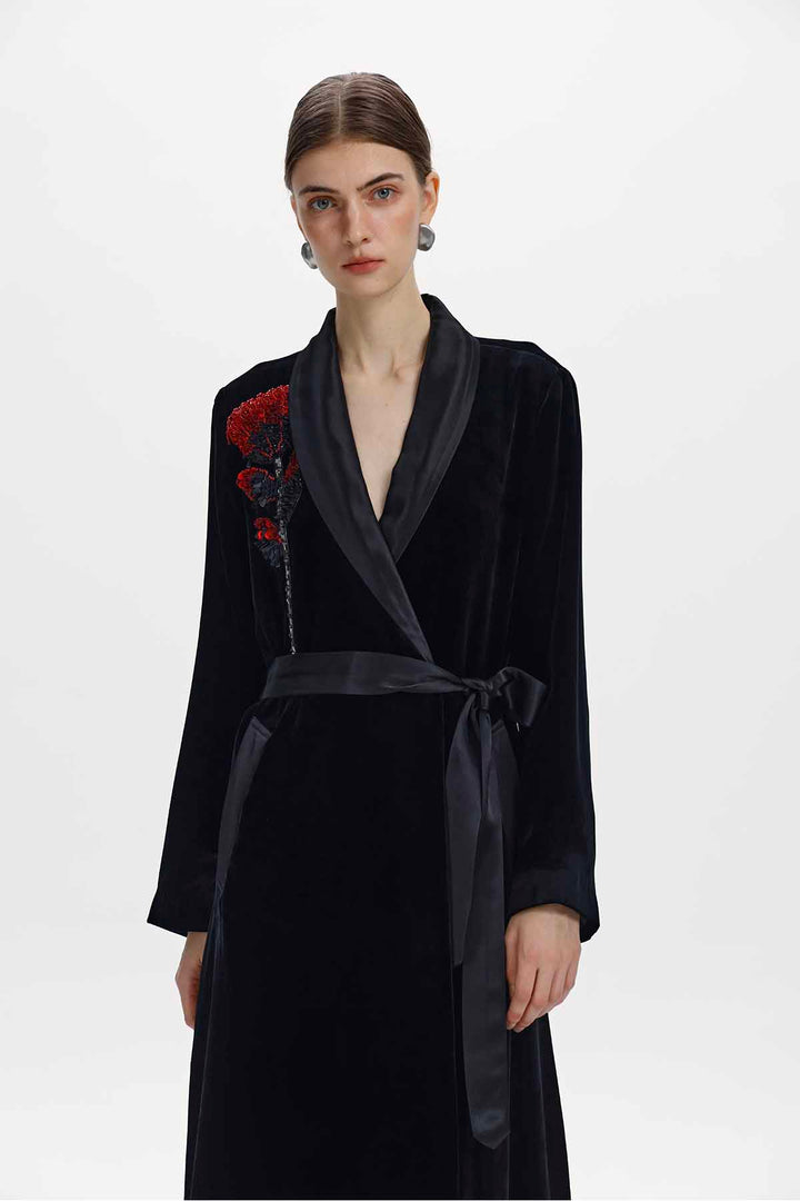 Aster Floral Beaded Silk Velvet Wrap Coat