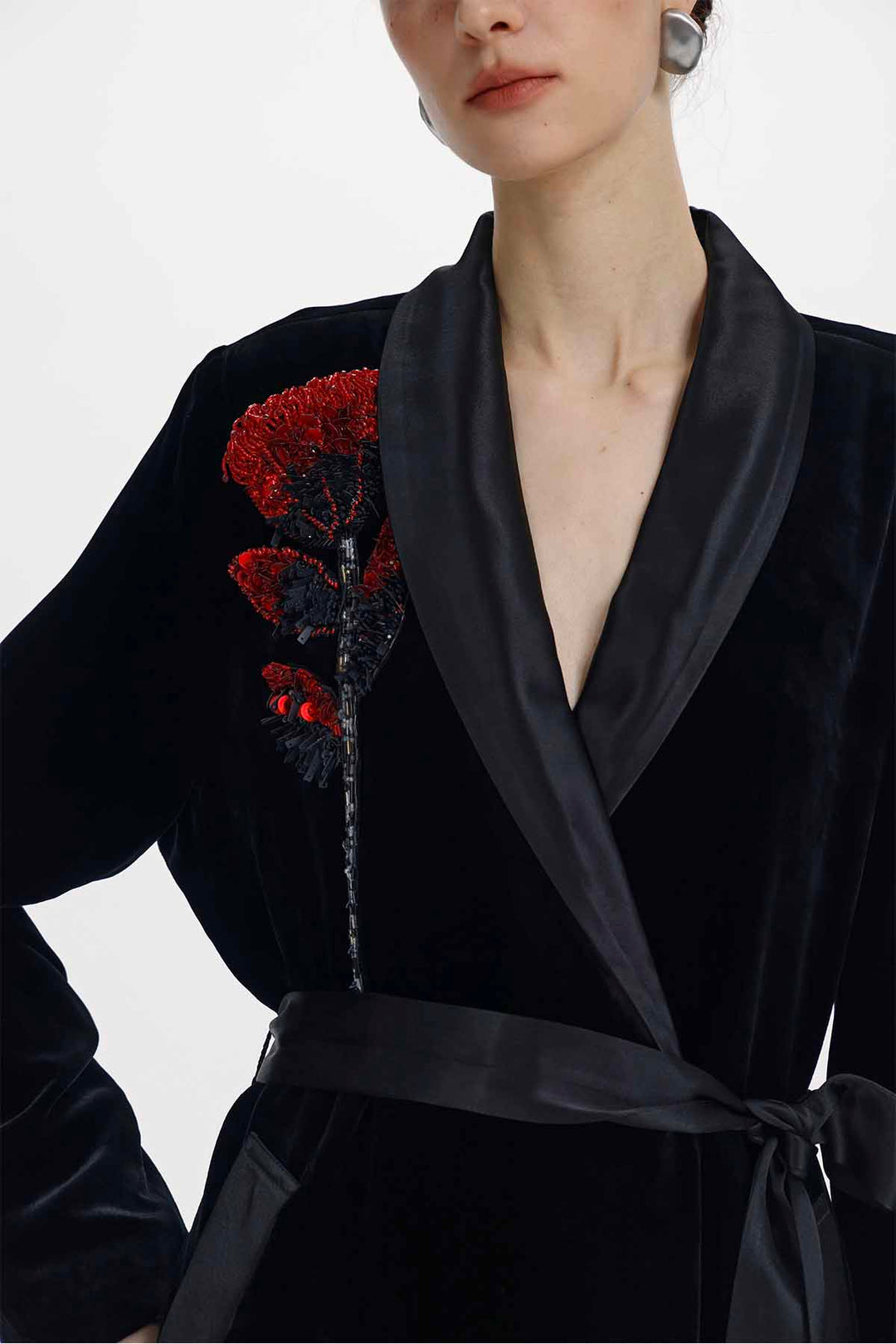 Aster Floral Beaded Silk Velvet Wrap Coat