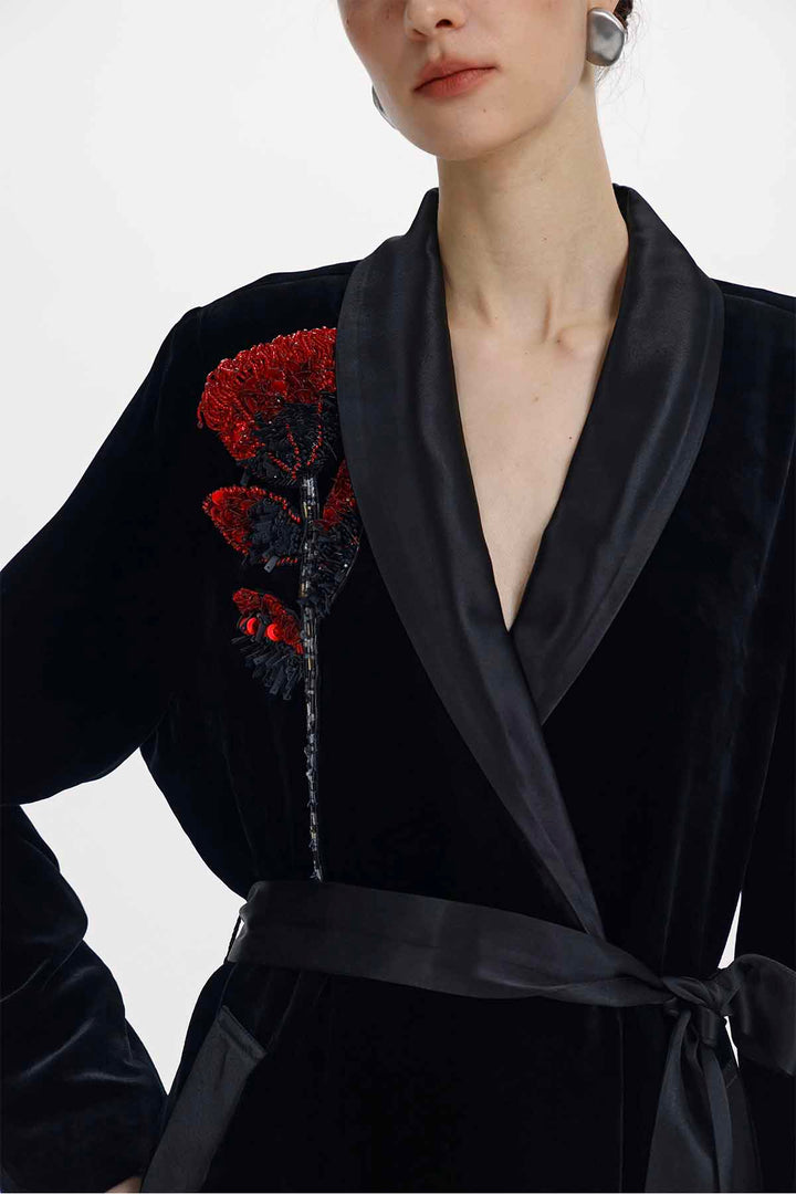 Aster Floral Beaded Silk Velvet Wrap Coat