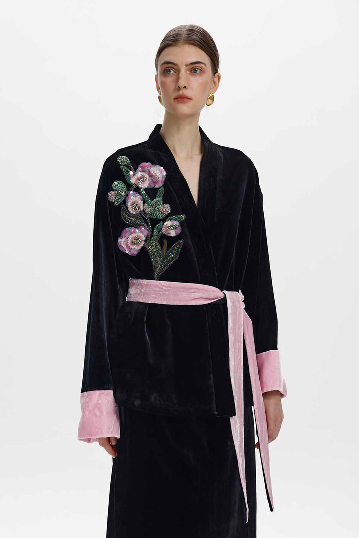 Cora Hand Beaded Floral Silk Velvet Jacket