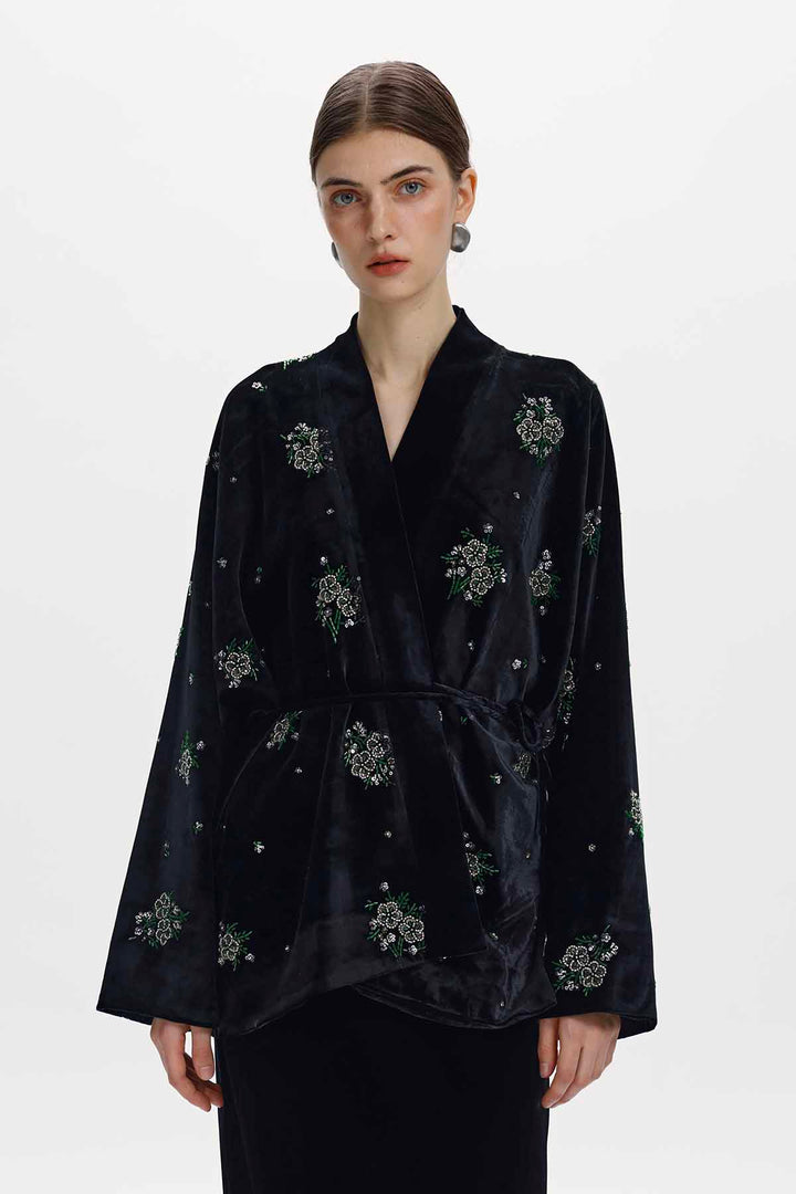 Della Beaded Floral Silk Velvet Jacket